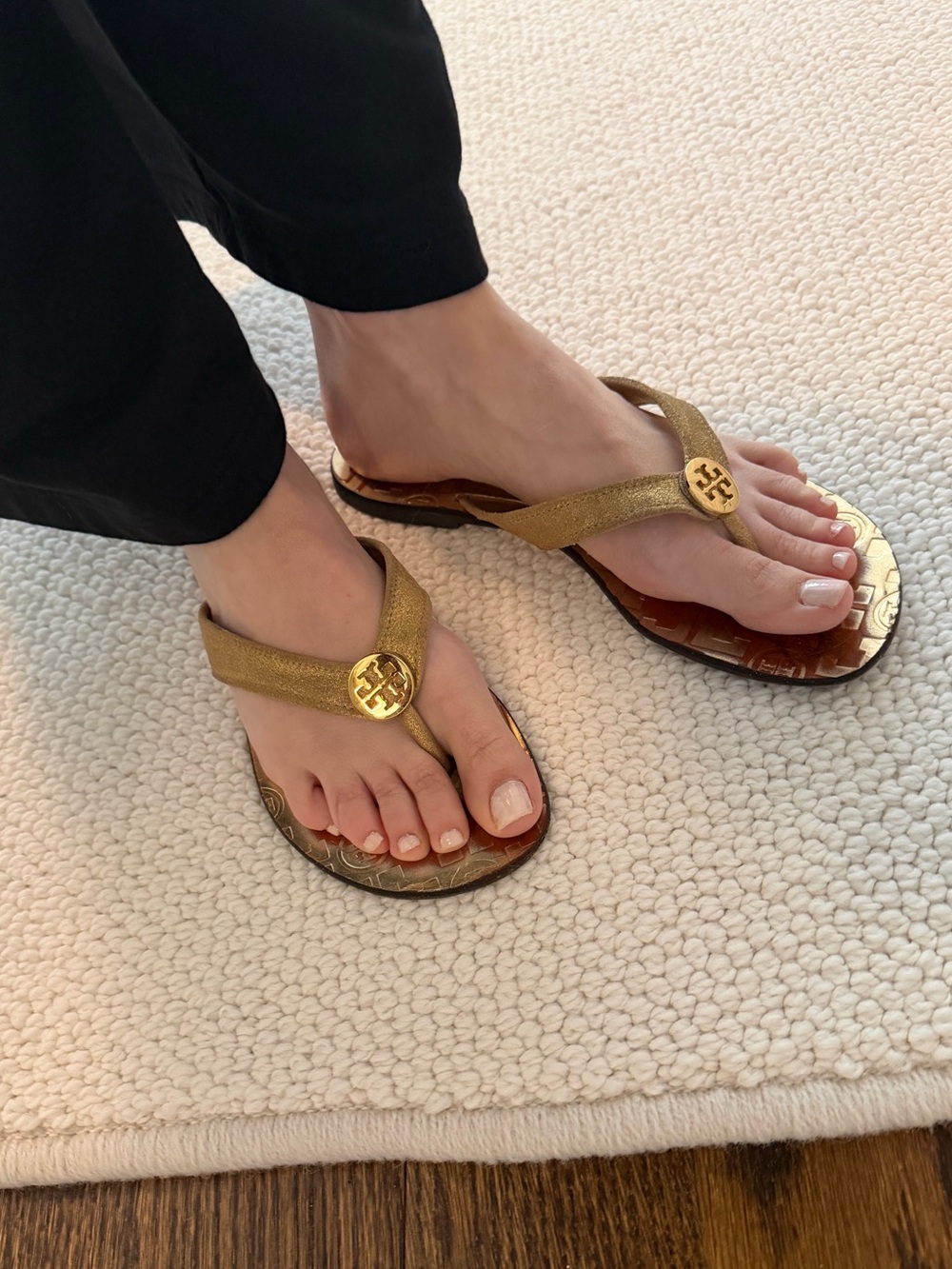 Tory Burch Metallic Gold Logo Thong Sandals